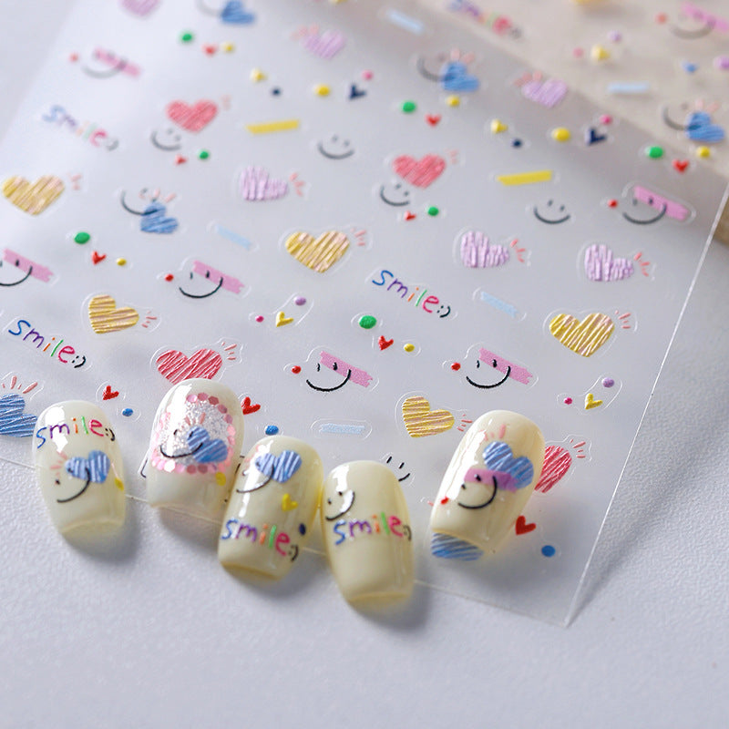 Cute Smile Face & Scribble Heart Nail Stickers Decals 3800