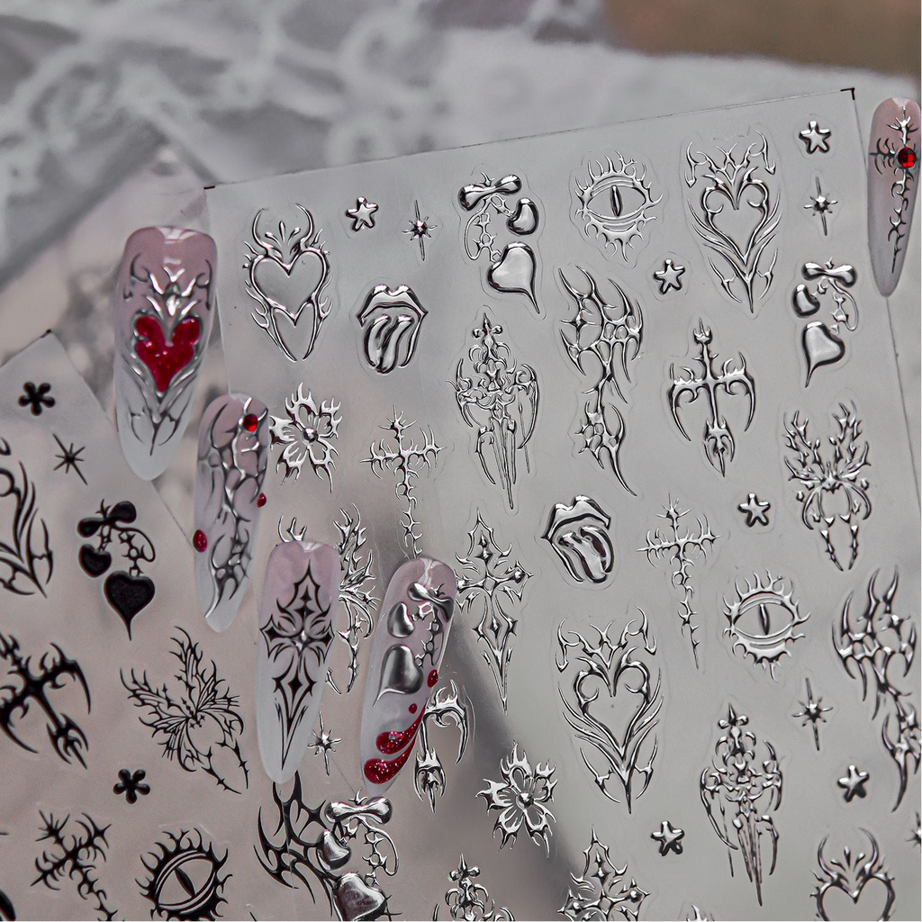 Cyber Sigilism Nail Stickers - Gothic Tribal Heart & Cross Decals 5914