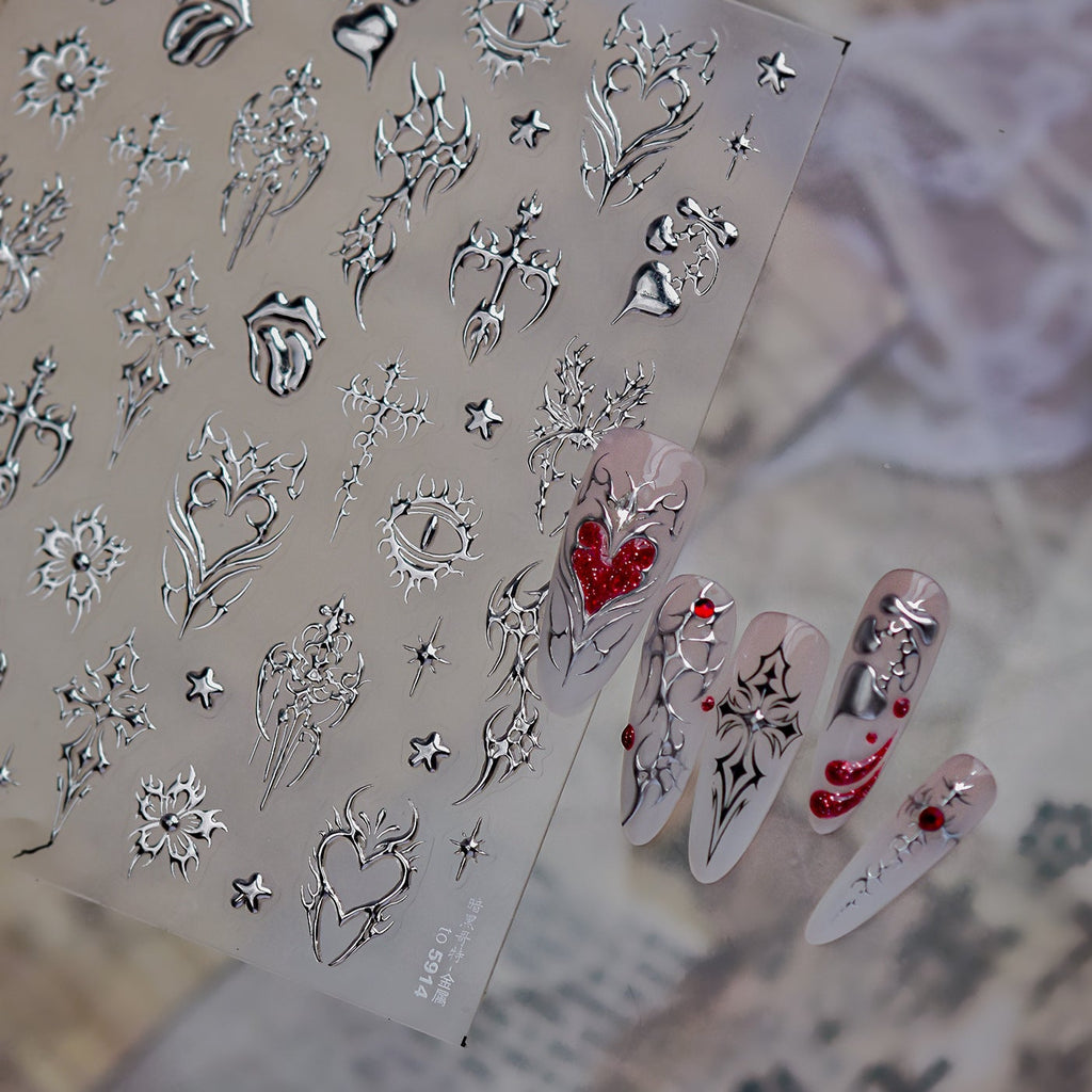 Cyber Sigilism Nail Stickers - Gothic Tribal Heart & Cross Decals 5914