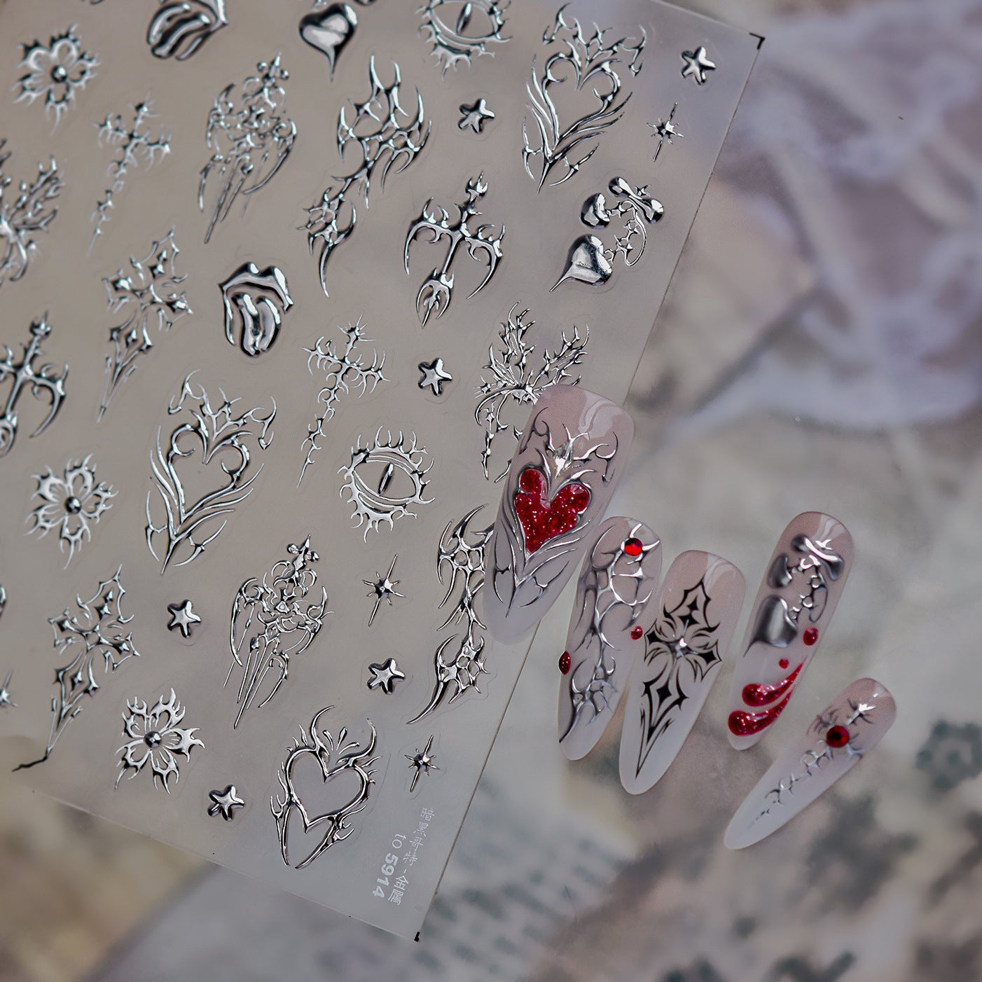 Cyber Sigilism Nail Stickers - Gothic Tribal Heart & Cross Decals 5914