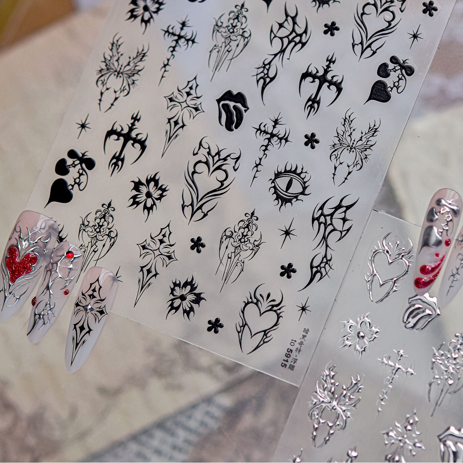 Cyber Sigilism Nail Stickers - Gothic Tribal Heart & Cross Decals 5914