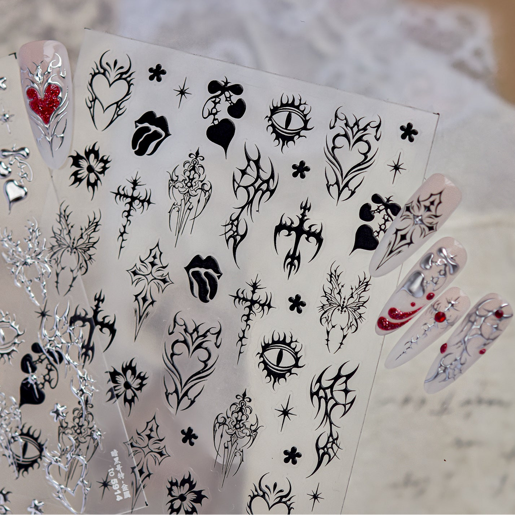 Cyber Sigilism Nail Stickers - Gothic Tribal Heart & Cross Decals 5914