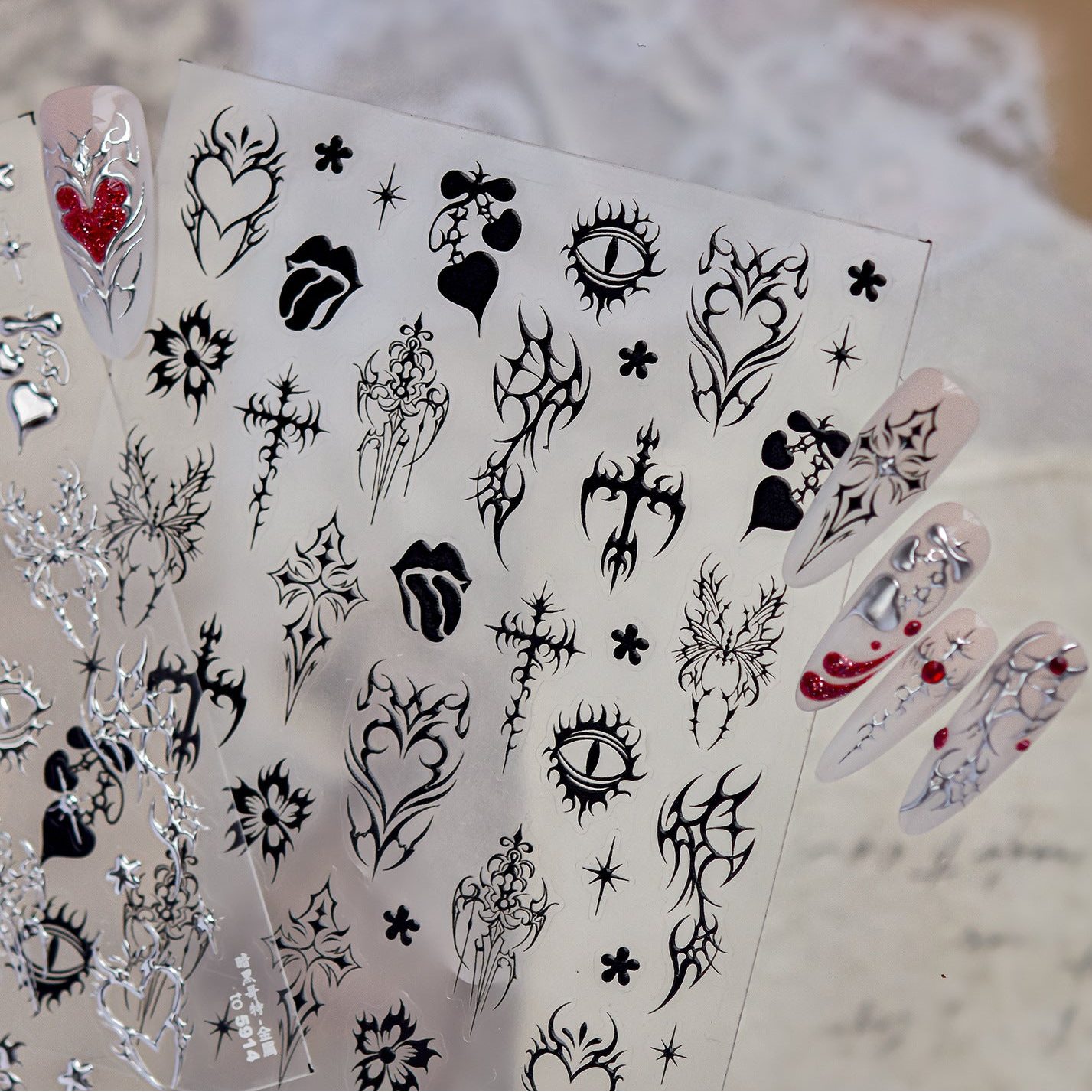 Cyber Sigilism Nail Stickers - Gothic Tribal Heart & Cross Decals 5914