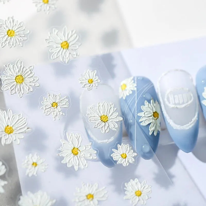 Daisy Flower Nail Art Stickers Adhesive Embossed Floral Sticker Decals 