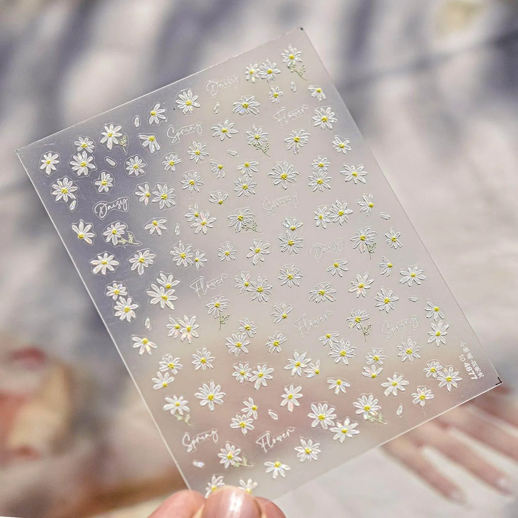 Daisy Flower Nail Art Stickers Adhesive Embossed Floral White Sticker Decals to4877