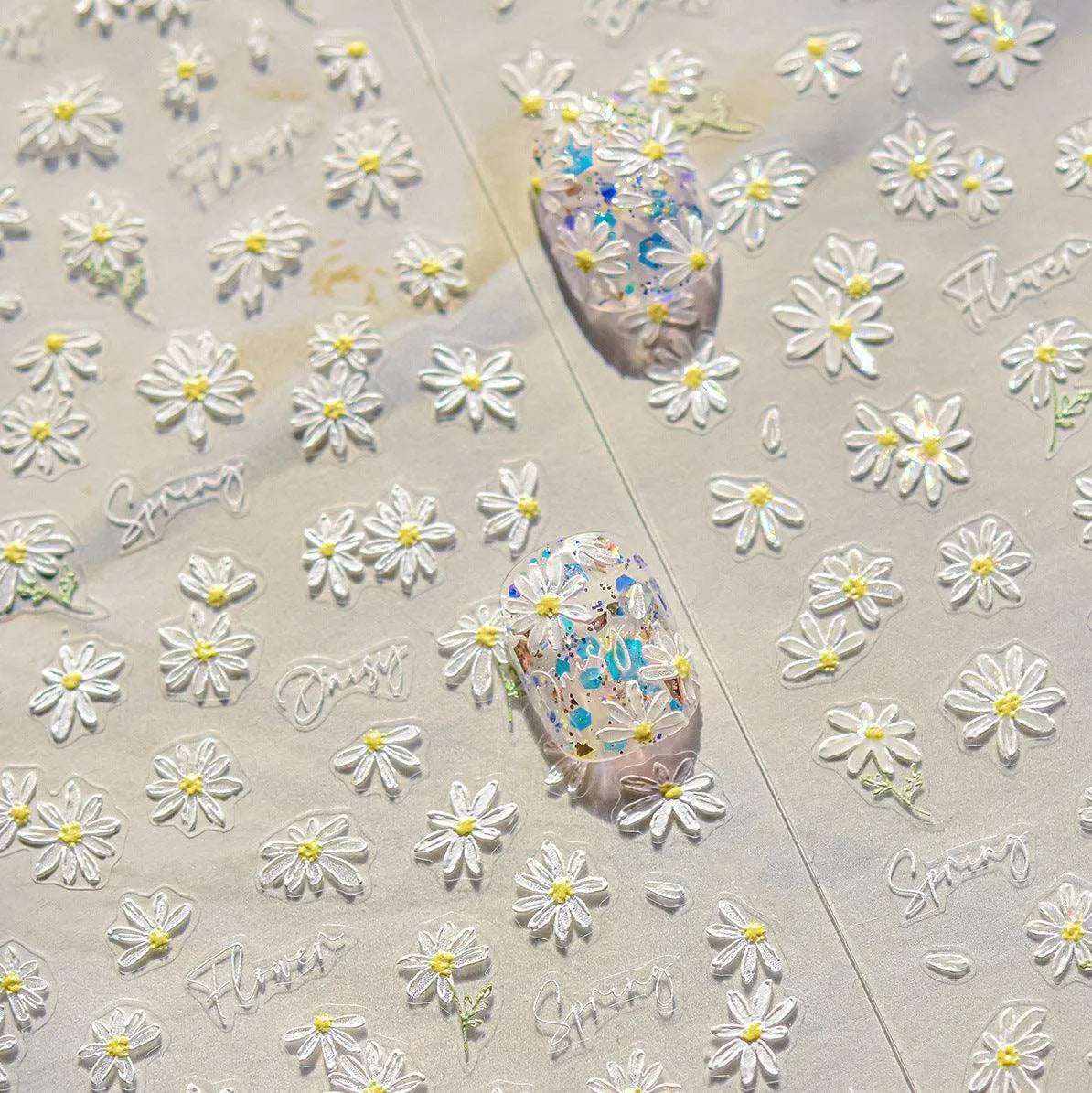 Daisy Flower Nail Art Stickers Adhesive Embossed Floral White Sticker Decals to4877