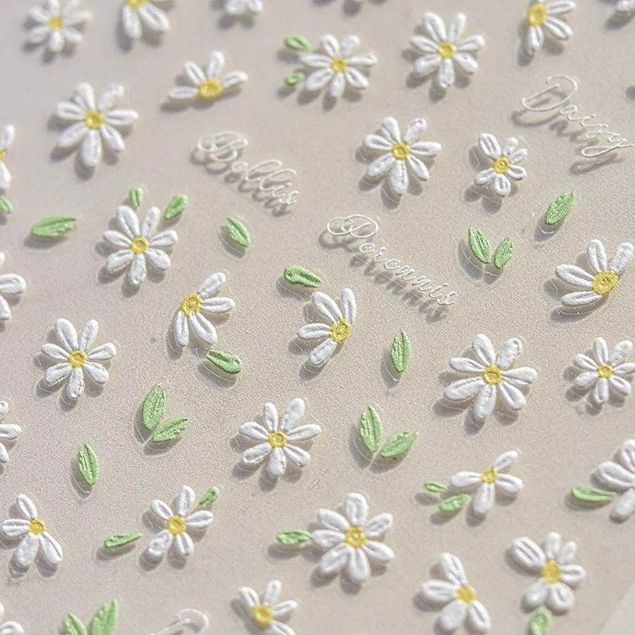 Daisy Flower Nail Art Stickers Adhesive Embossed Pure White Daisy Sticker Decals to3803