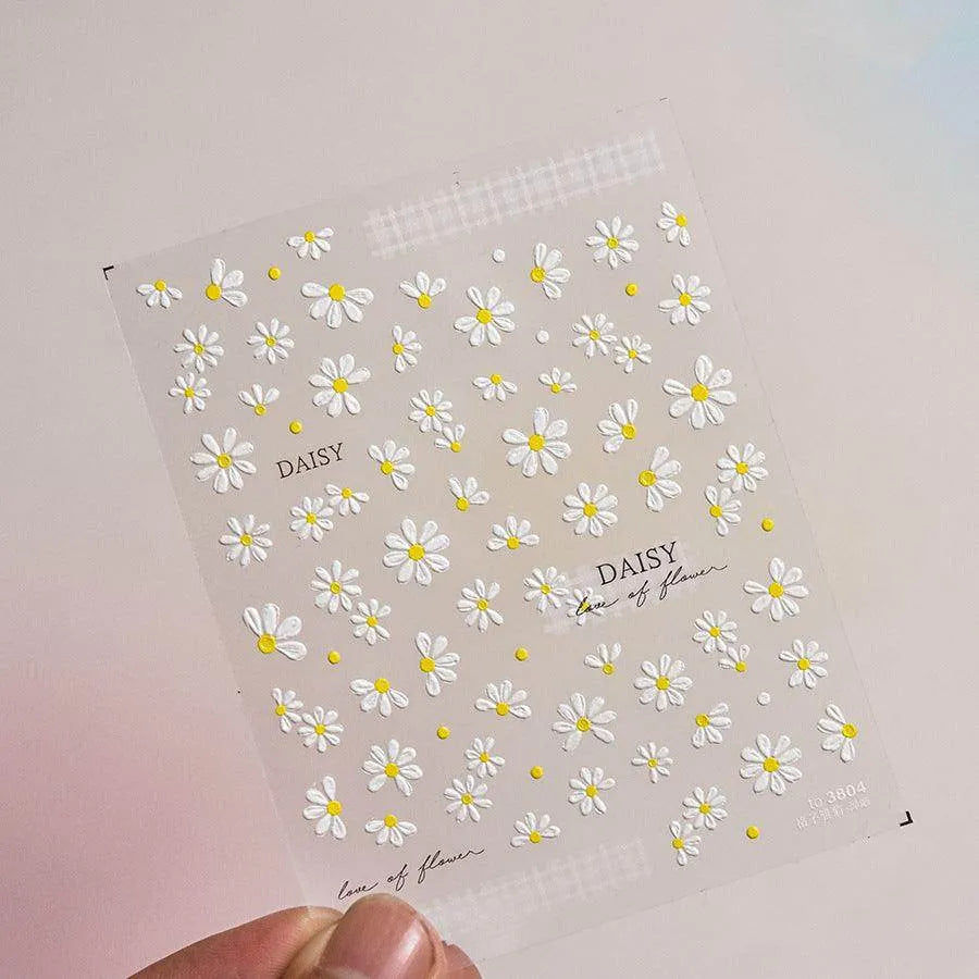 Daisy Flower Nail Art Stickers Adhesive Embossed Pure White Daisy Sticker Decals to3803