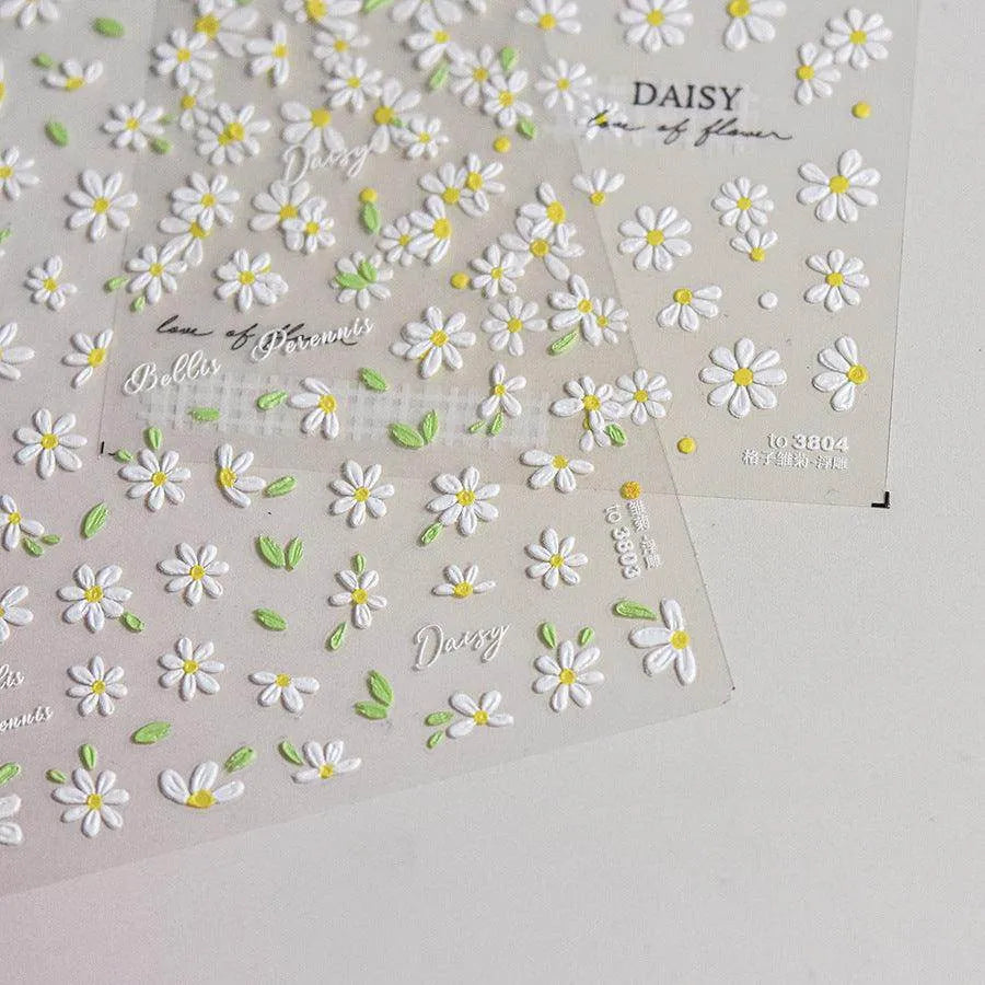 Daisy Flower Nail Art Stickers Adhesive Embossed Pure White Daisy Sticker Decals to3803