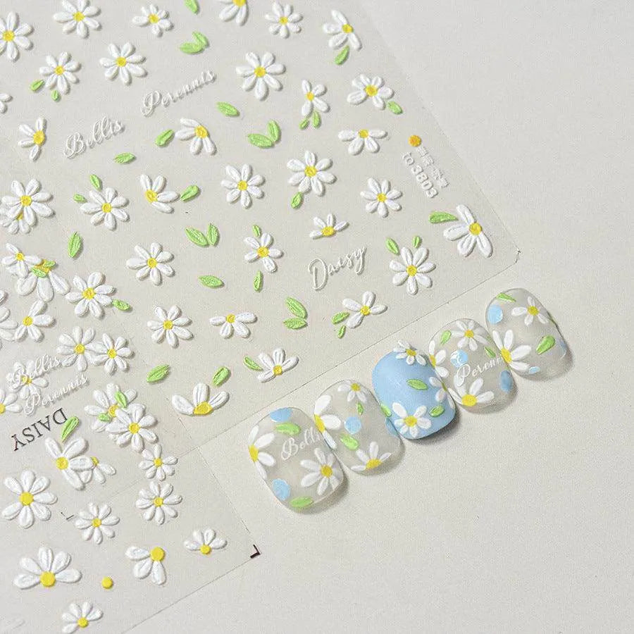 Daisy Flower Nail Art Stickers Adhesive Embossed Pure White Daisy Sticker Decals to3803