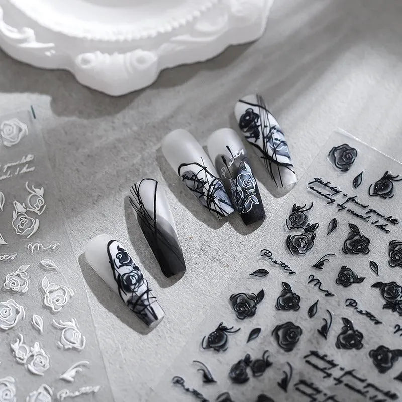 Dark Rose Nail Art Stickers White Rose Flower Adhesive Sticker Decals TS1708