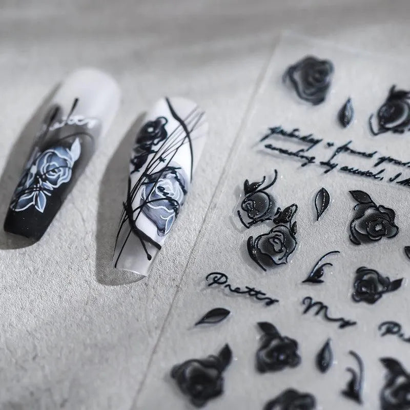 Dark Rose Nail Art Stickers White Rose Flower Adhesive Sticker Decals TS1708