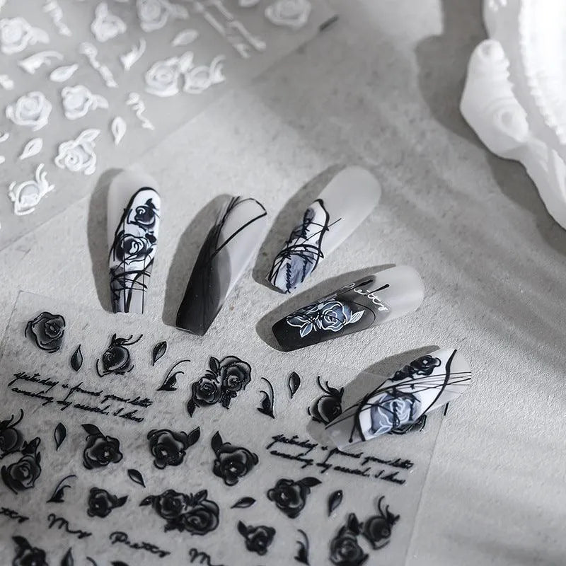 Dark Rose Nail Art Stickers White Rose Flower Adhesive Sticker Decals TS1708