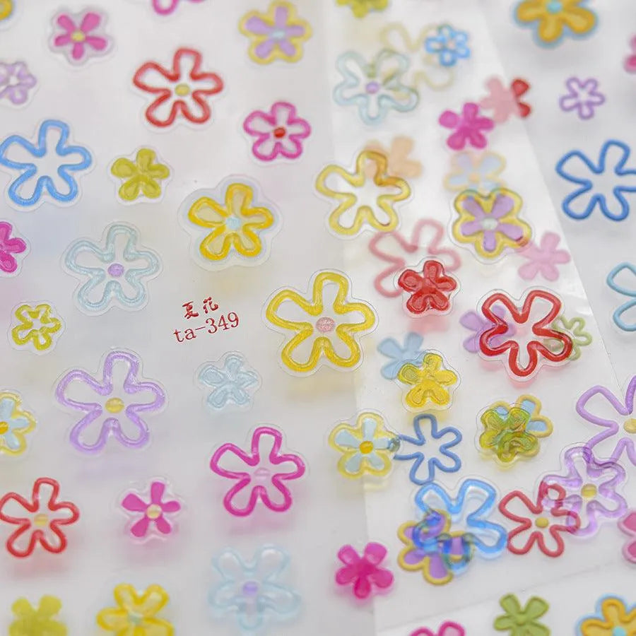 Doodle Floral Outline Nail Art Stickers Adhesive Embossed Matte Line Flower Sticker Decals KX244