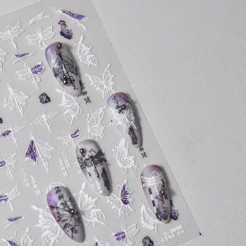 Dragonfly Cicada Nail Art Stickers Adhesive Embossed Butterfly Animals Sticker Decals 