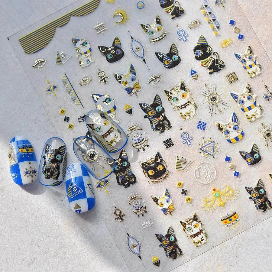 Egyptian Nail Art Stickers Adhesive Embossed Triangle Eyes Cat Sticker Decals 