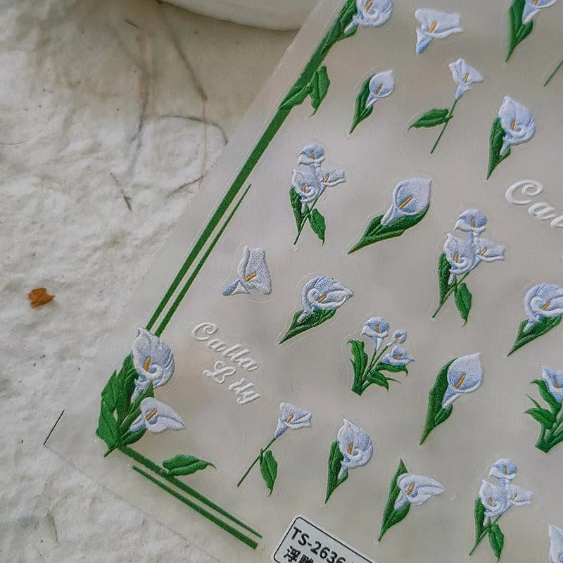 Elegant 5D Calla Lily Nail Stickers | White Flower Decals for Bridal & Wedding TS2635