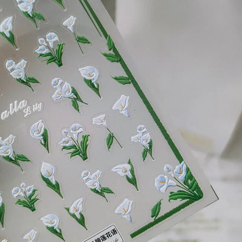 Elegant 5D Calla Lily Nail Stickers | White Flower Decals for Bridal & Wedding TS2635