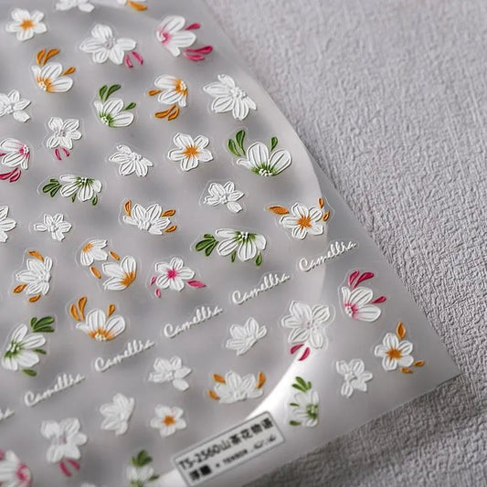 Elegant 5D Camellia Flower Nail Stickers White Floral Nail Art Sticker Decals For Spring Manicure TS2560