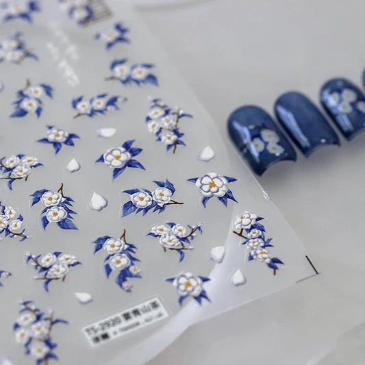 Elegant 5D Chinoiserie Nail Stickers Blue & White Porcelain Floral Nail Art Sticker Decals TS2919