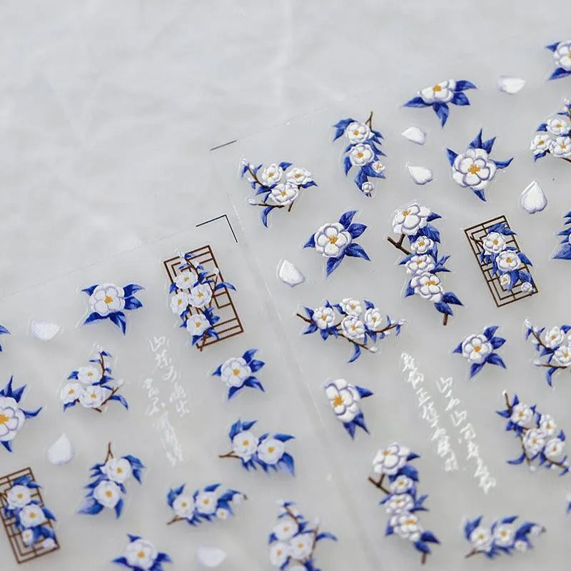Elegant 5D Chinoiserie Nail Stickers Blue & White Porcelain Floral Nail Art Sticker Decals TS2919