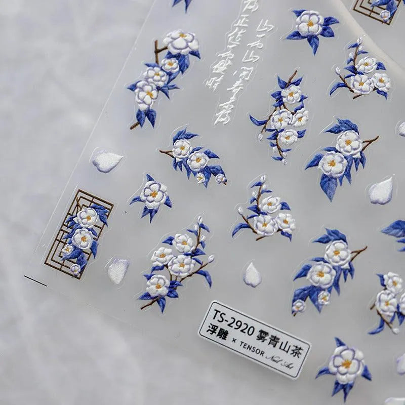 Elegant 5D Chinoiserie Nail Stickers Blue & White Porcelain Floral Nail Art Sticker Decals TS2919