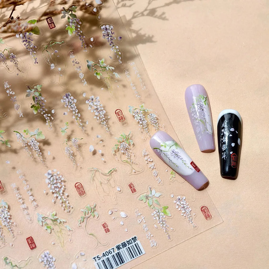 Elegant 5D Iris Flower Nail Stickers Artistic Purple Floral Sticker Decals