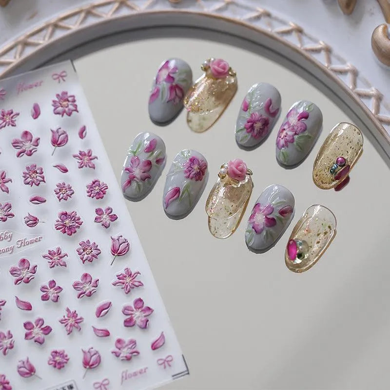 Elegant 5D Pink Cherry Blossom Nail Stickers | Romantic Spring Floral Nail Art Decals TS2875