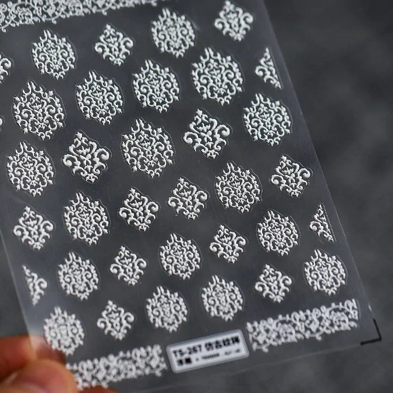 Elegant 5D White Damask Nail Stickers | Baroque Art for Bridal & Wedding Nails TS267