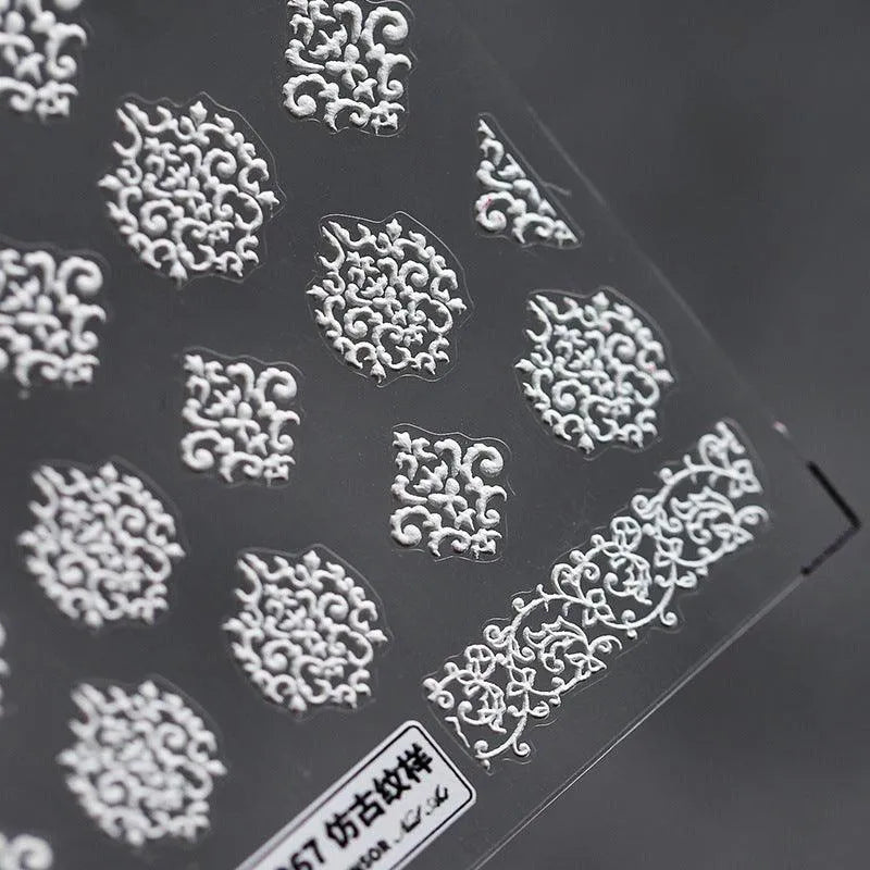Elegant 5D White Damask Nail Stickers | Baroque Art for Bridal & Wedding Nails TS267