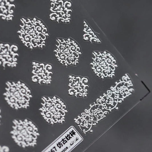 Elegant 5D White Damask Nail Stickers | Baroque Art for Bridal & Wedding Nails TS267