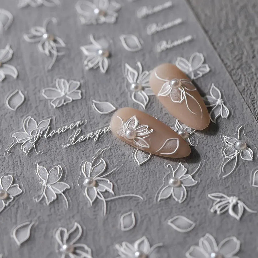 Elegant 5D White Floral Pearl Nail Stickers | Perfect for Bridal & Wedding Art TL105