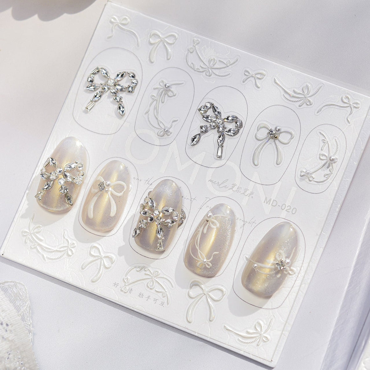 Elegant Bow Rhinestone Nail Stickers – Pre-Arranged Self-Adhesive Nail Gems MD020