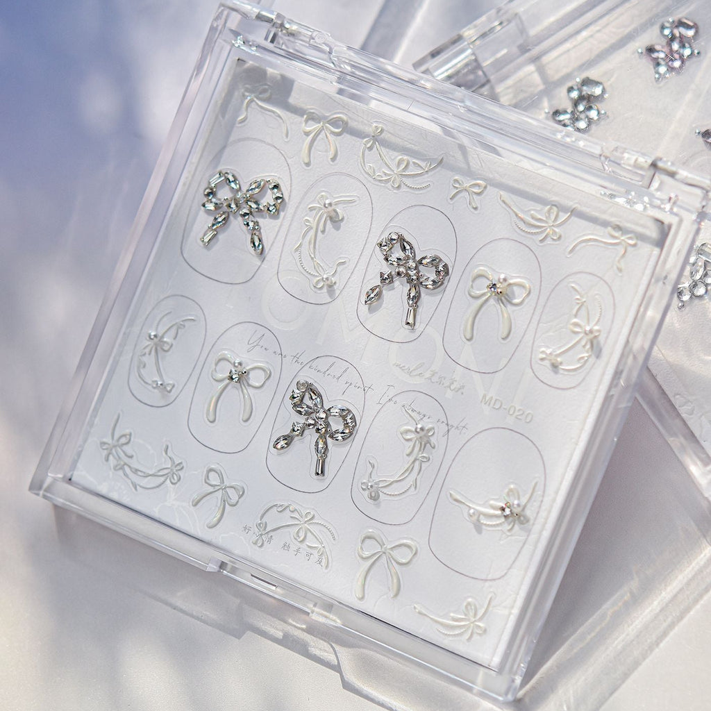 Elegant Bow Rhinestone Nail Stickers – Pre-Arranged Self-Adhesive Nail Gems MD020
