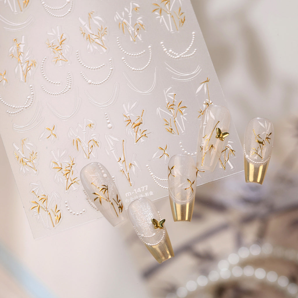 Elegant Gold Bamboo 3D Nail Stickers - Chinoiserie Decals 1477