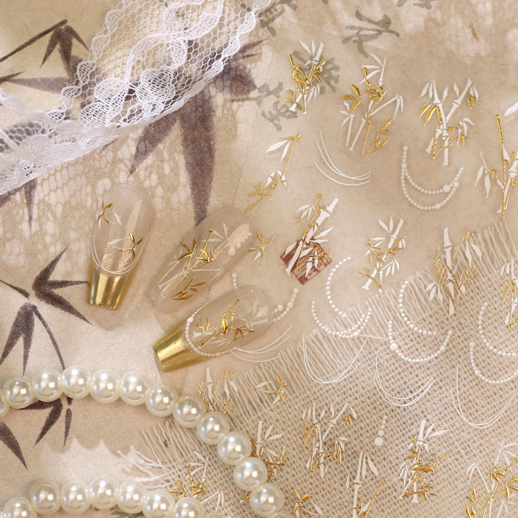 Elegant Gold Bamboo 3D Nail Stickers - Chinoiserie Decals 1477