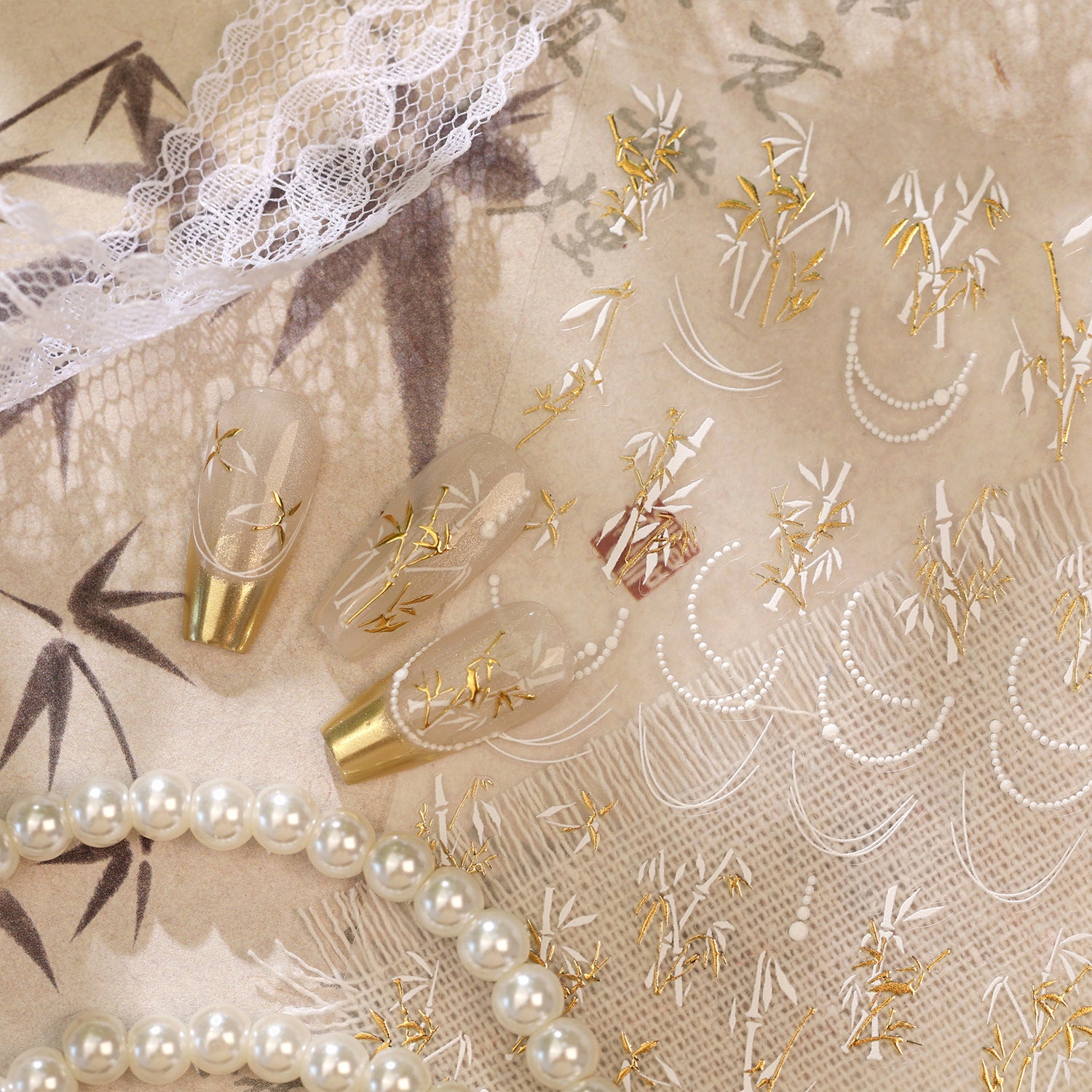 Elegant Gold Bamboo 3D Nail Stickers - Chinoiserie Decals 1477