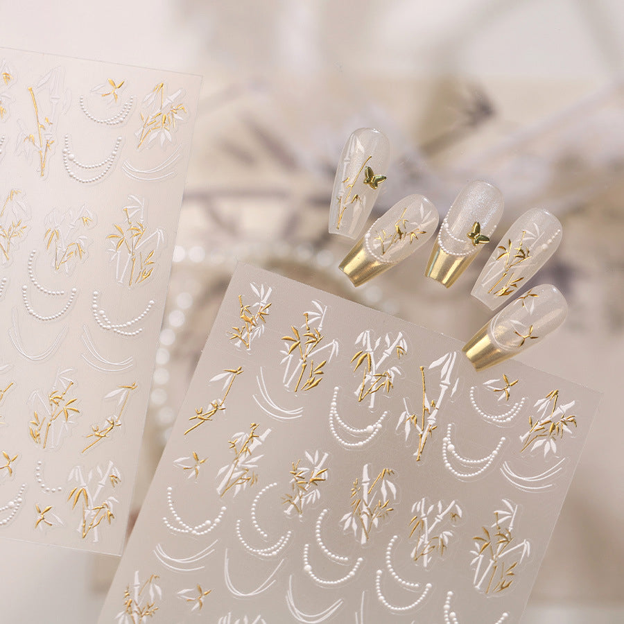 Elegant Gold Bamboo 3D Nail Stickers - Chinoiserie Decals 1477