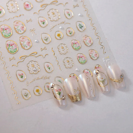 Elegant Gold Floral Nail Stickers with Pearls TL259