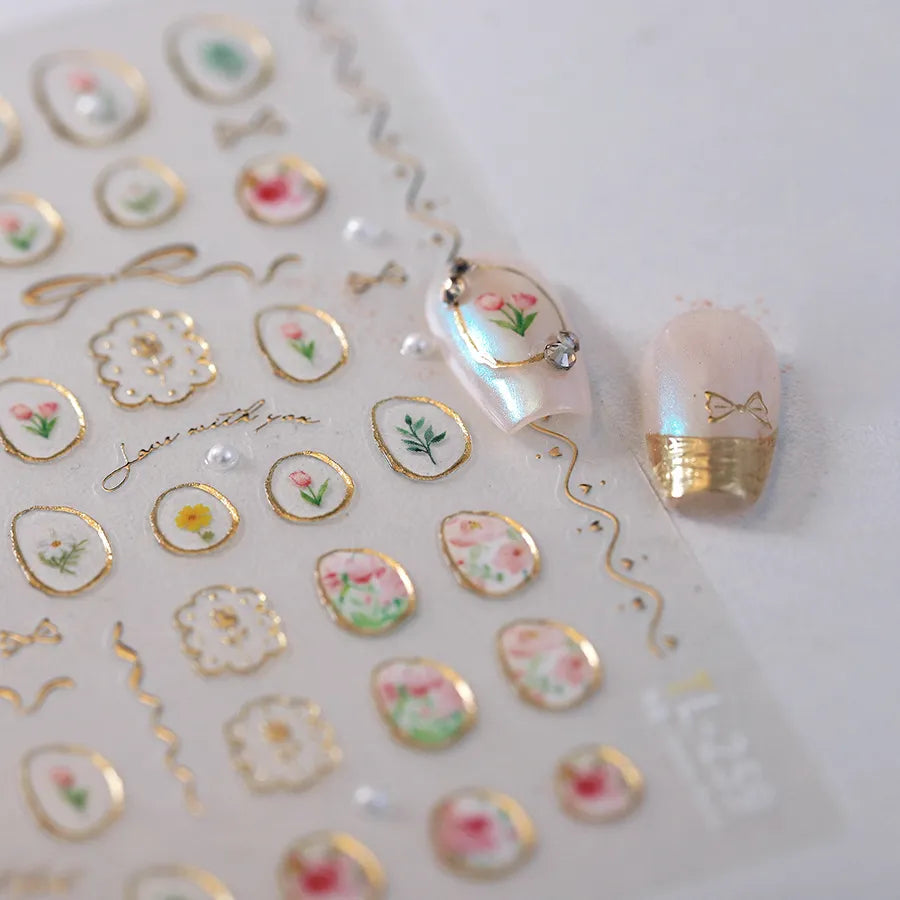 Elegant Gold Floral Nail Stickers with Pearls TL259