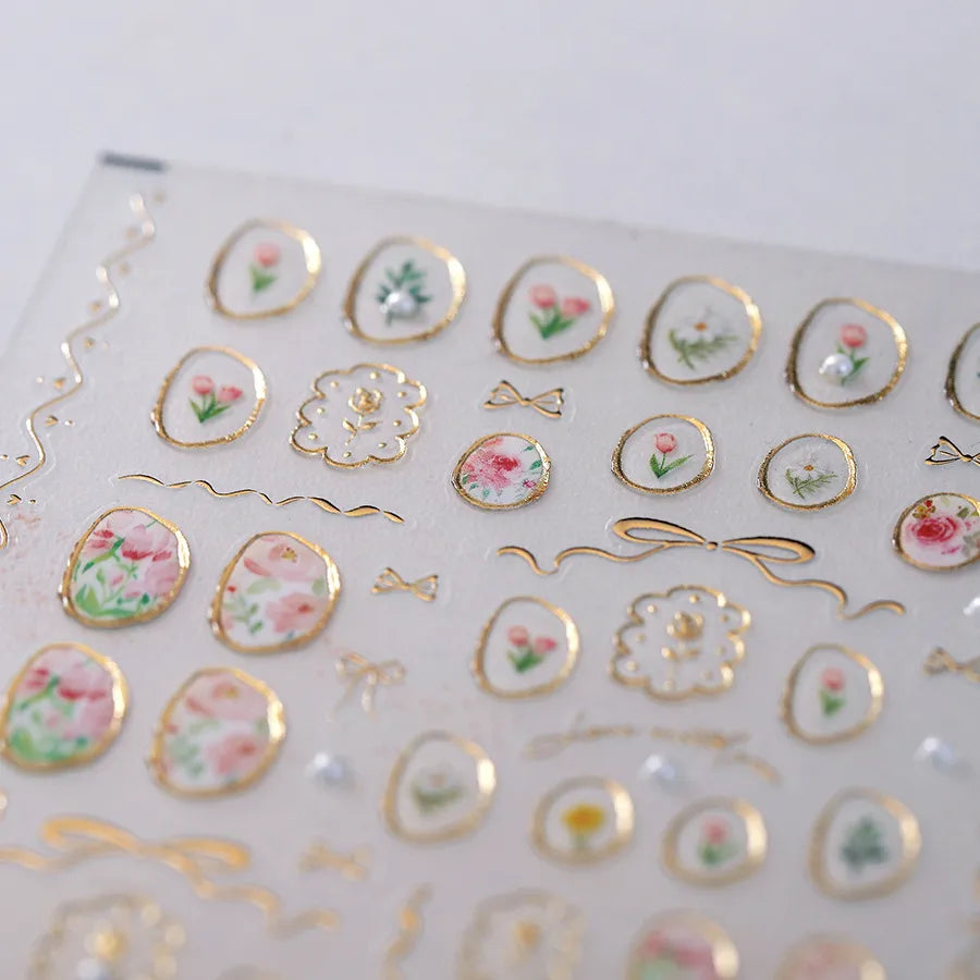 Elegant Gold Floral Nail Stickers with Pearls TL259