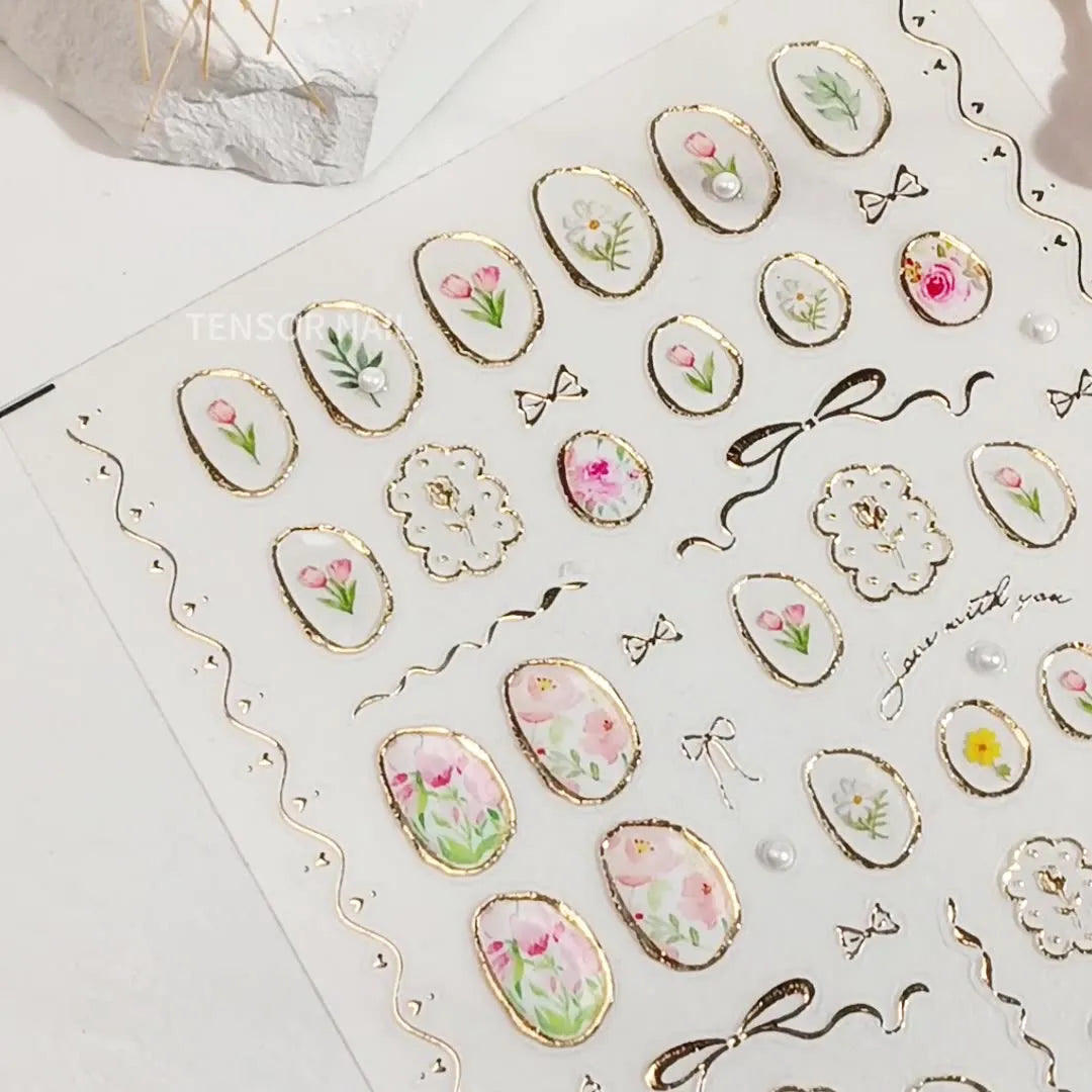 Elegant Gold Floral Nail Stickers with Pearls TL259