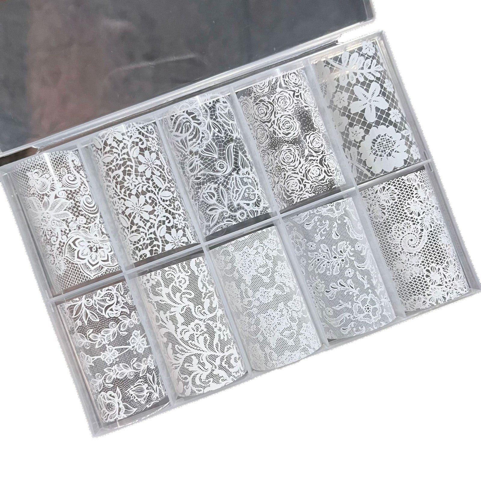 Elegant Lace Nail Foil Set - White & Black Floral Wedding Art Decals