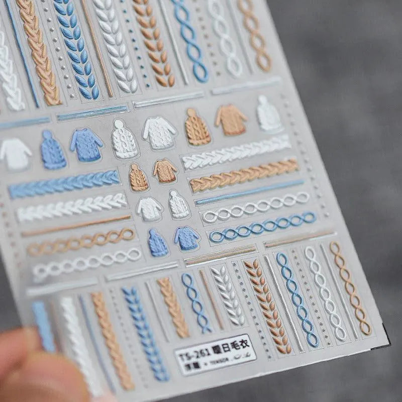 Elegant Sweater Pattern Nail Art Stickers Knitted Sweaters Embossed Adhesive Sticker Decals TS333