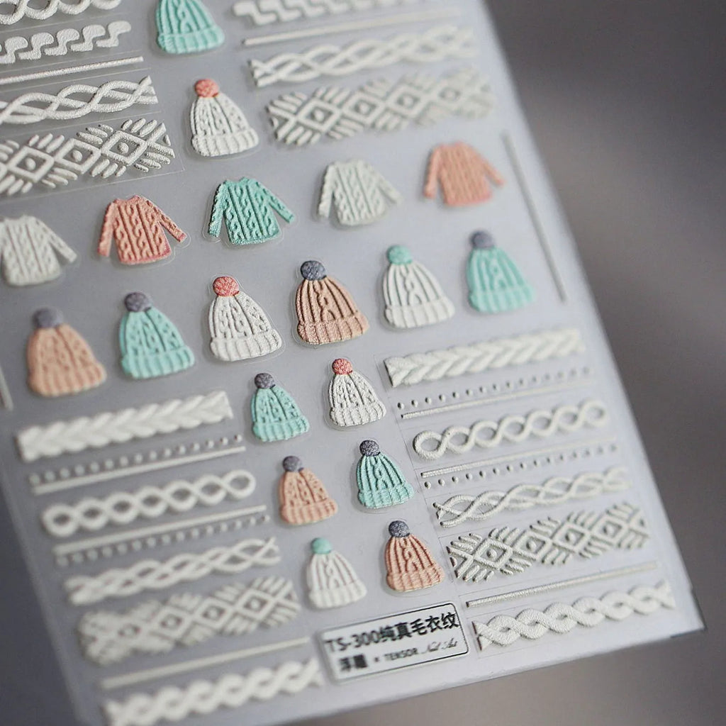 Elegant Sweater Pattern Nail Art Stickers Knitted Sweaters Embossed Adhesive Sticker Decals TS333