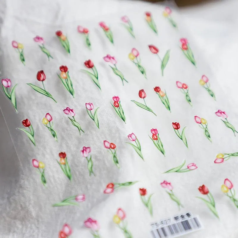 Elegant Watercolor Tulip Nail Stickers | Red & Pink Spring Floral Nail Art Decals TS627