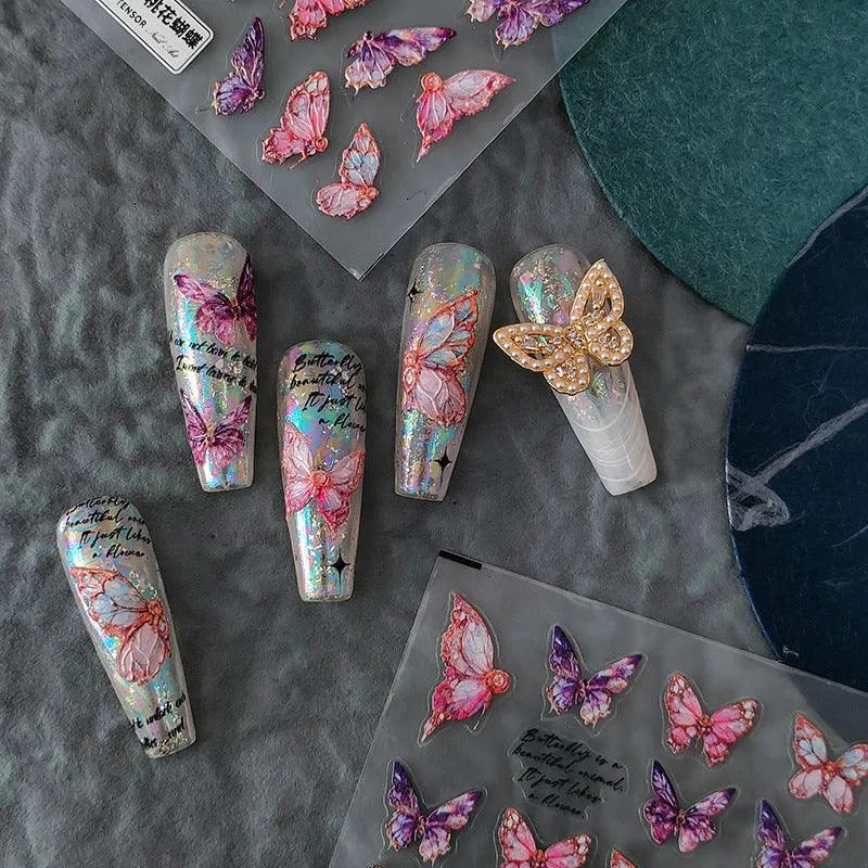 Embossed Butterfly Nail Art Stickers Pink Butterfly Adhesive Sticker Decals TS2027