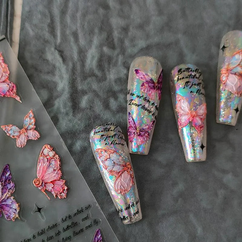 Embossed Butterfly Nail Art Stickers Pink Butterfly Adhesive Sticker Decals TS2027