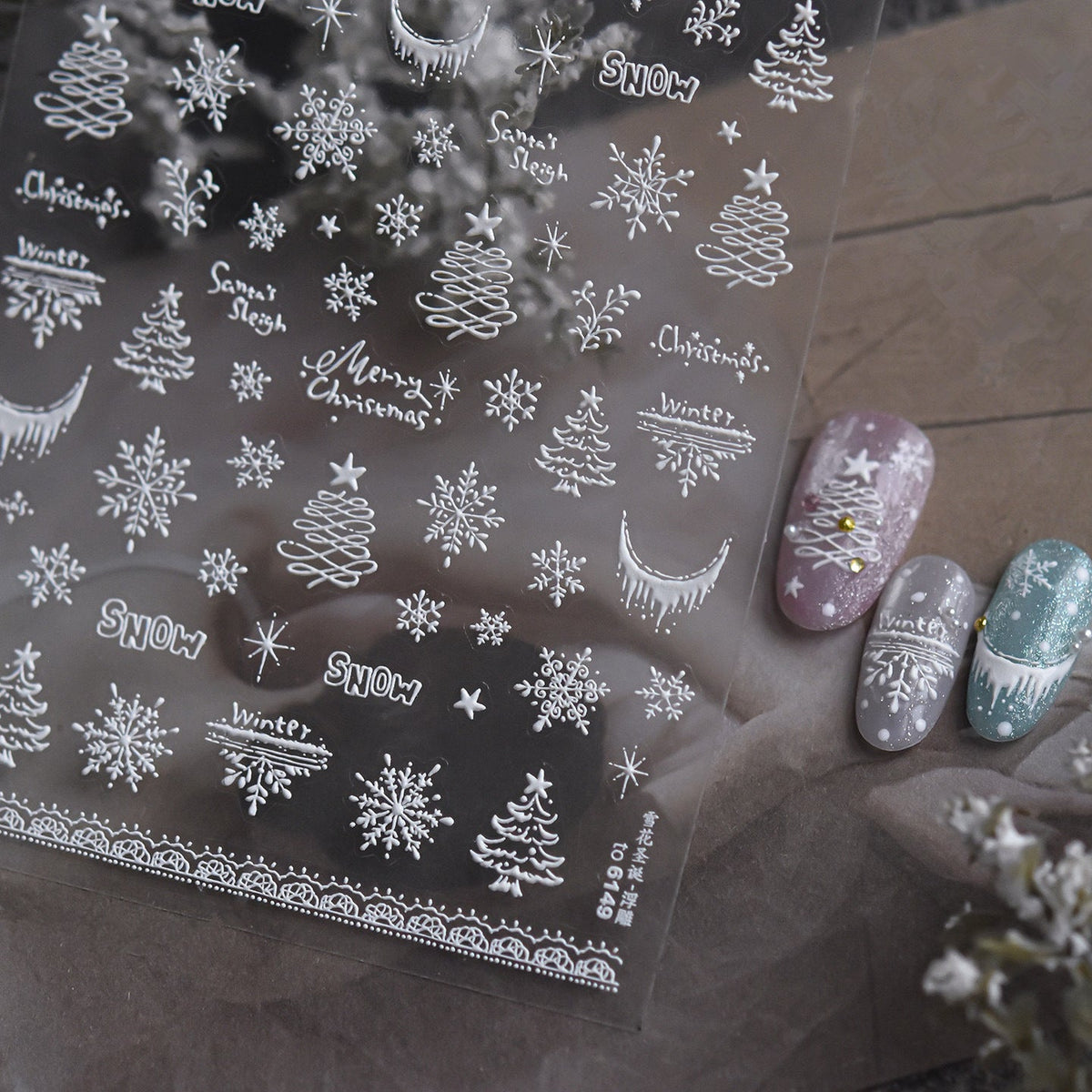 Embossed White Christmas Nail Stickers - Snowflake & Tree Desig