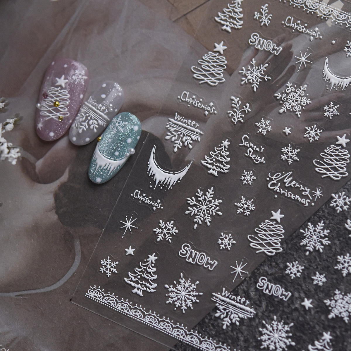 Embossed White Christmas Nail Stickers - Snowflake & Tree Desig
